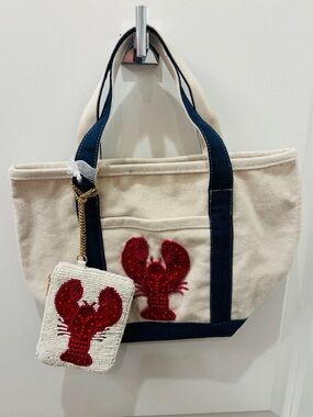 NWT Made in India Canvas Blue Lobster Applique Tote Bag with Beaded Coin Pouch